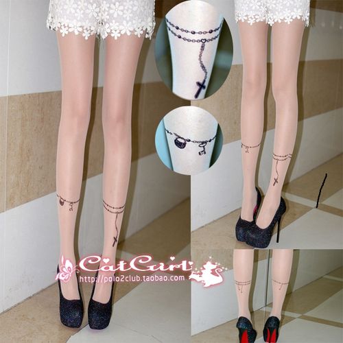 日系原宿风假刺青袜 超薄连裤袜的纹身印花新潮流